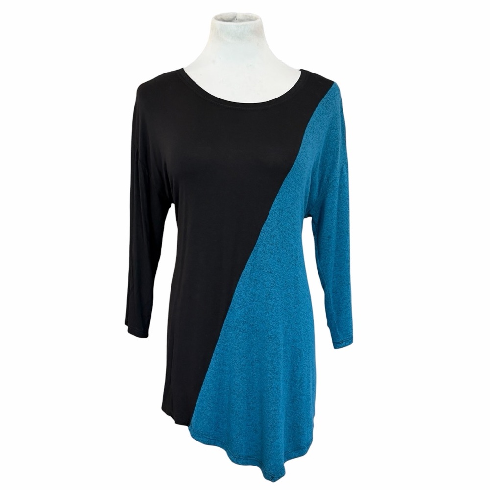 10/$25🦋 Thomas & Olivia Black & Teal Blue Asymmetrical 3/4 Sleeve Tee - Size XL
